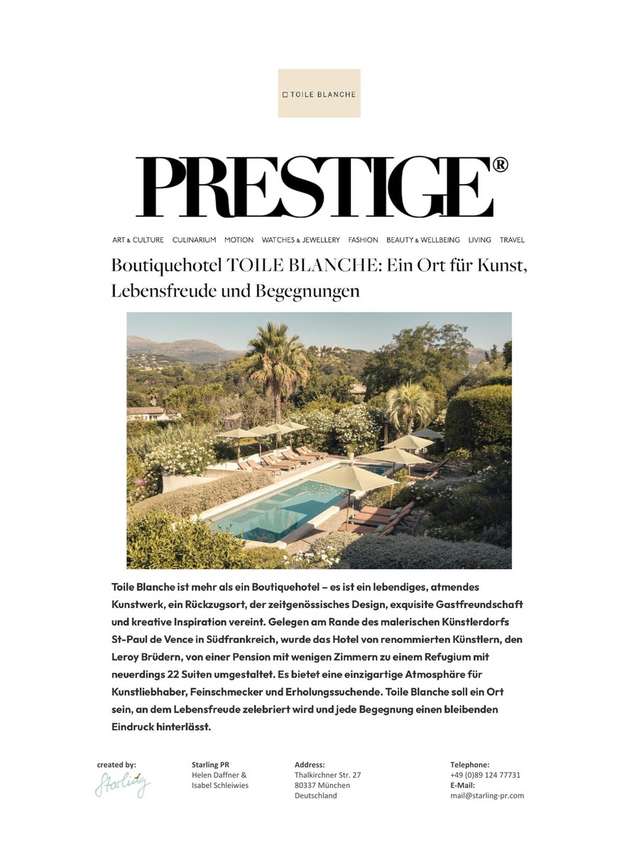 Prestige Magazin — couverture presse Toile Blanche