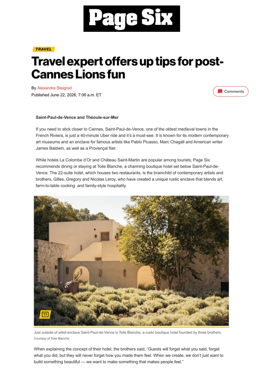 Page Six (US), Toile Blanche press coverage